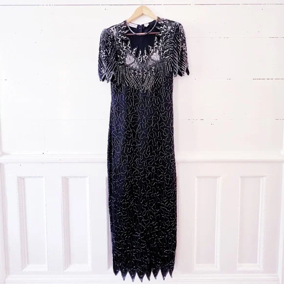 vintage scala beaded dress SCALA 80149 - Long Sheath Dress - Strapless, Fitted Bodice, Beaded, Sequined, Back Zipper Closure, Slit, Train 000 / Black main image 1